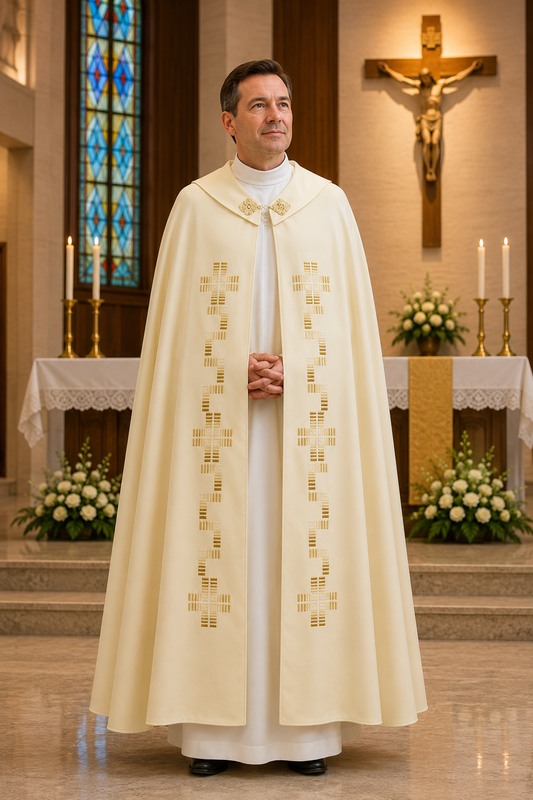 A man wearing a cream-colored liturgical vestment with gold embroidered patterns, standing in a church altar setting with a crucifix and candles in the background.