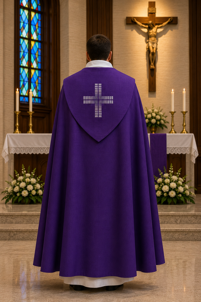 A man viewed from behind wearing a purple liturgical vestment with a white cross on the back, standing in a church before an altar with candles, flowers, and a crucifix.