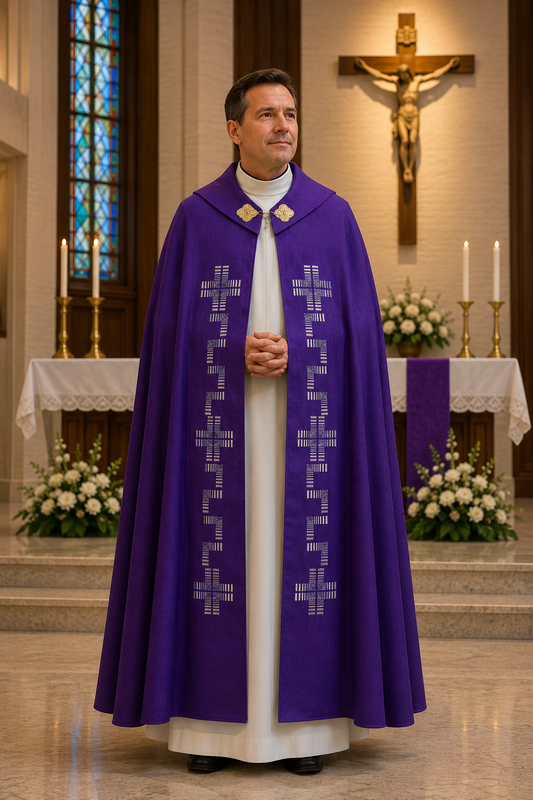 A man wearing a purple liturgical vestment with white embroidered crosses stands in a church setting in front of an altar and crucifix.