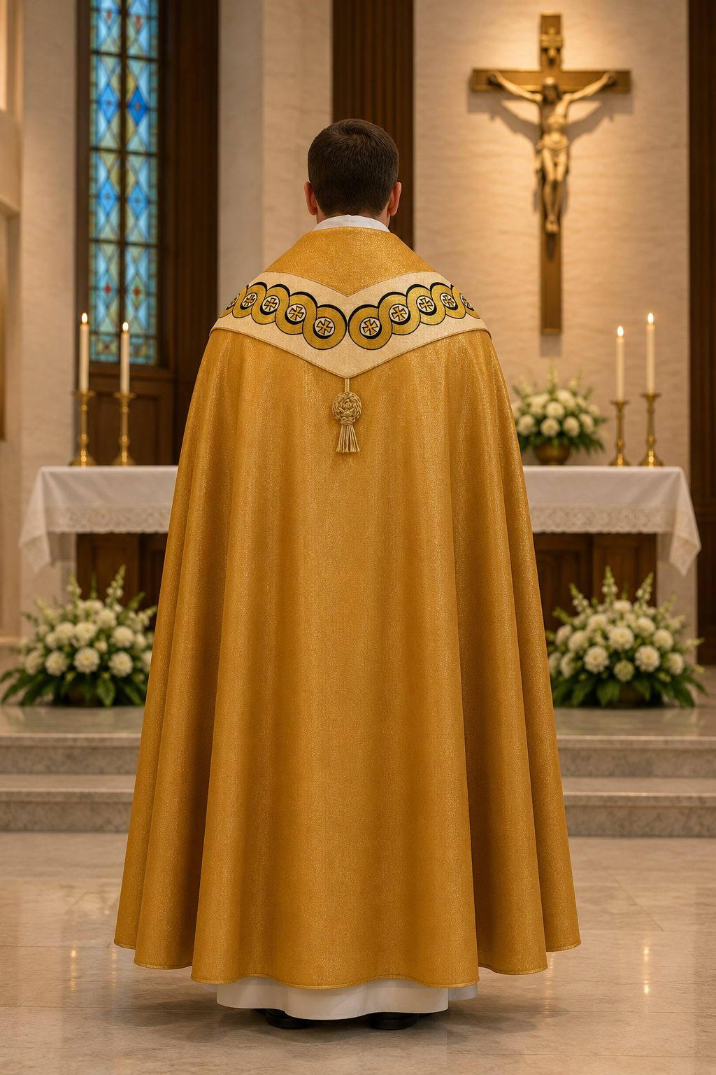 All gold  liturgical cope with embroidered detailing and tassel back view