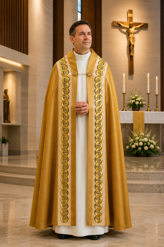 All gold  liturgical cope with embroidered detailing and tassel