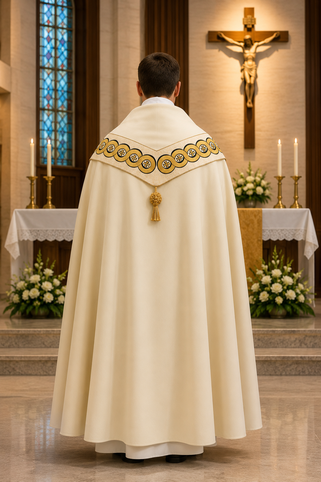 All ivory  liturgical cope with embroidered detailing and tassel back view