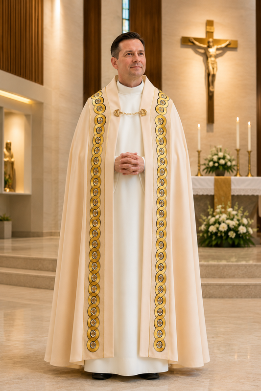 All ivory liturgical cope with embroidered detailing and tassel
