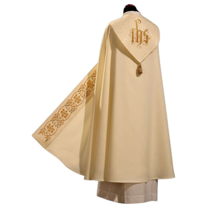 Cope Vestment with embroidered IHS and filigree bands. Made in Poland and sold by The Clergy Store