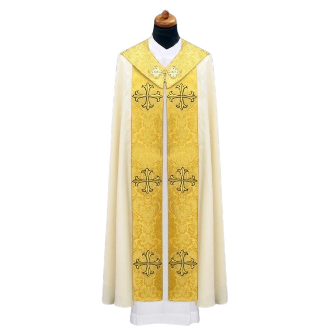 Cope with gold brocade and embroidered crosses made in Poland and sold by The Clergy Store