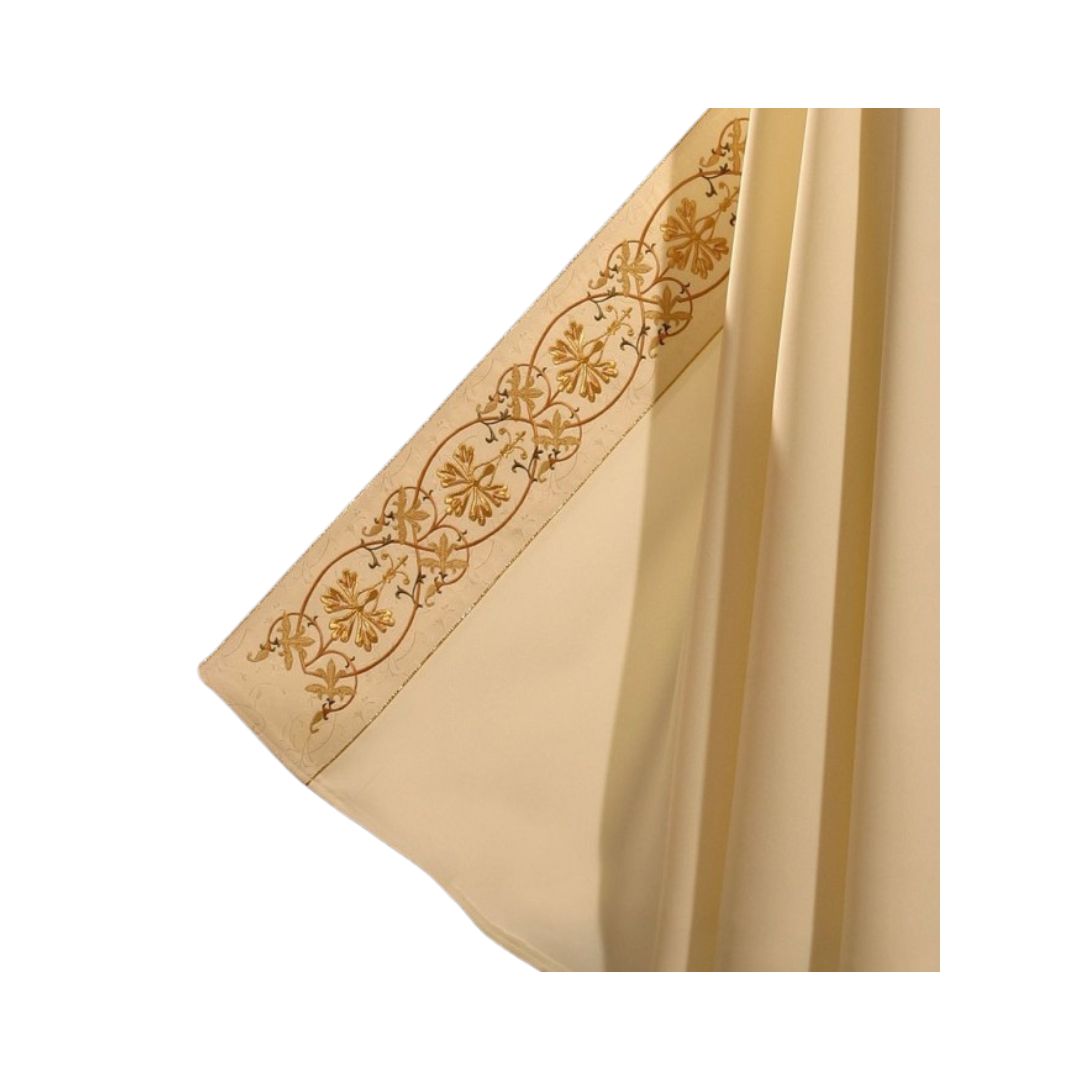 Cope Vestment with embroidered IHS and filigree bands. Made in Poland and sold by The Clergy Store