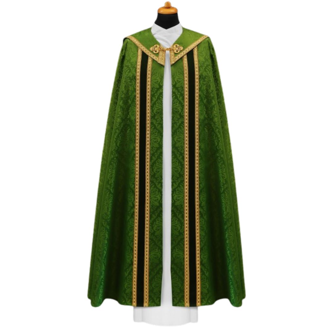 Damask Cope trimmed with high quality galloon. Made in Poland and sold By The Clergy Store