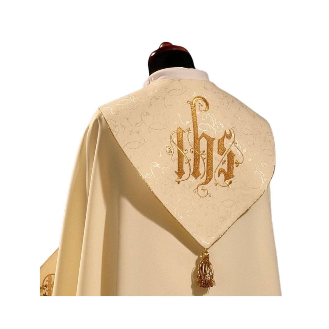 Cope Vestment with embroidered IHS and filigree bands. Made in Poland and sold by The Clergy Store