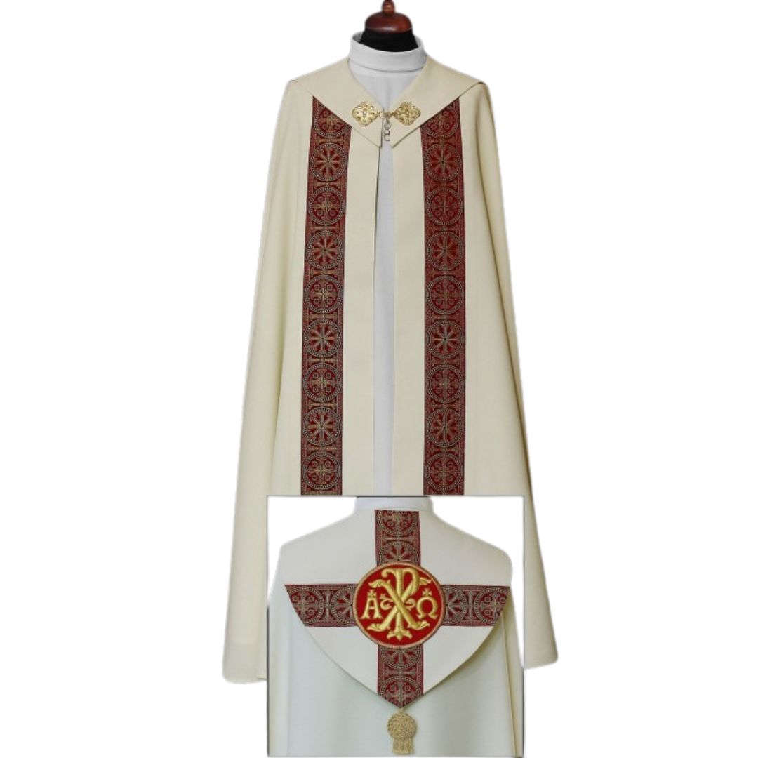 Cope with galloon bands and embroidered Chi Rho and Alpha Omega. Made in Poland and sold by The Clergy Store