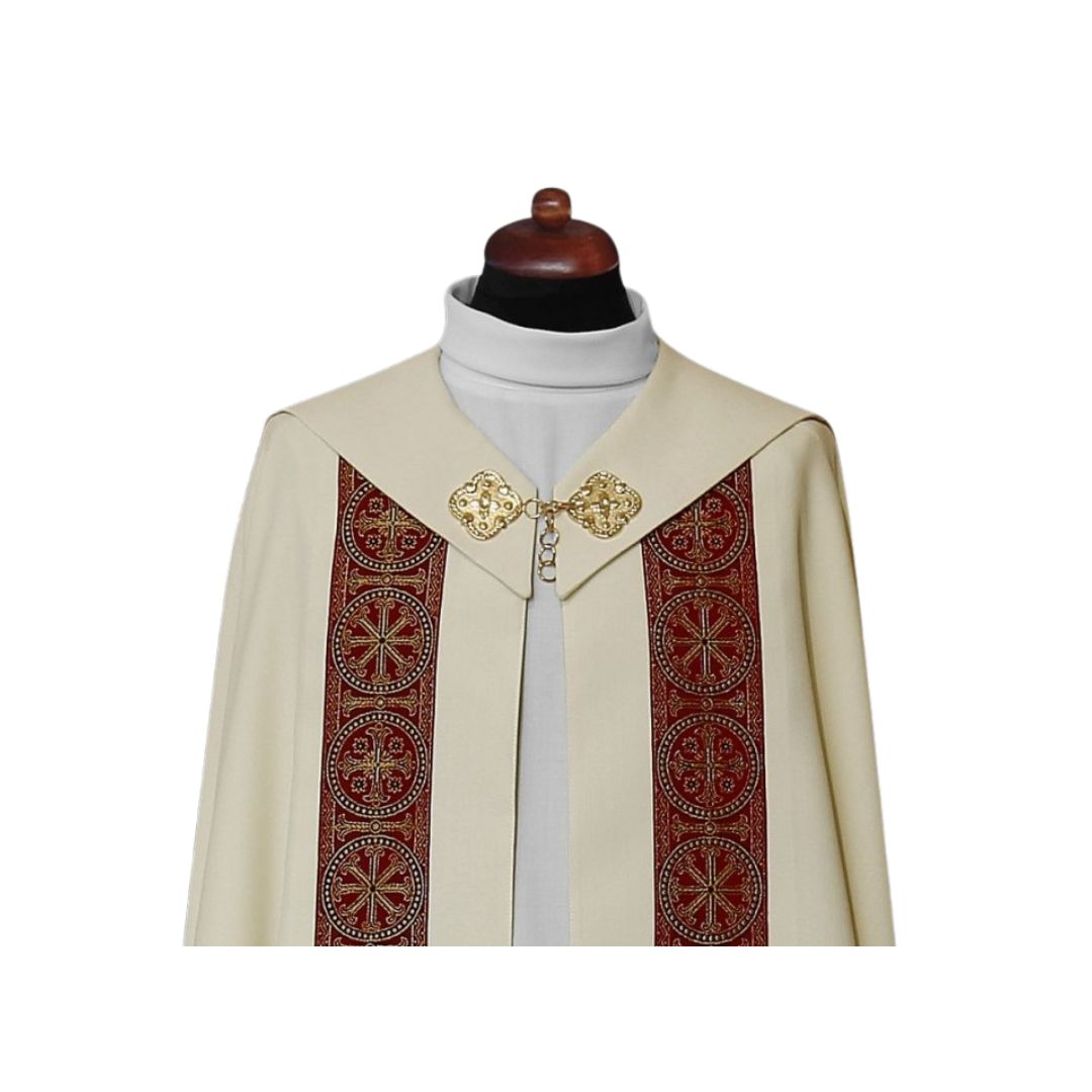 Cope with galloon bands and embroidered Chi Rho and Alpha Omega. Made in Poland and sold by The Clergy Store