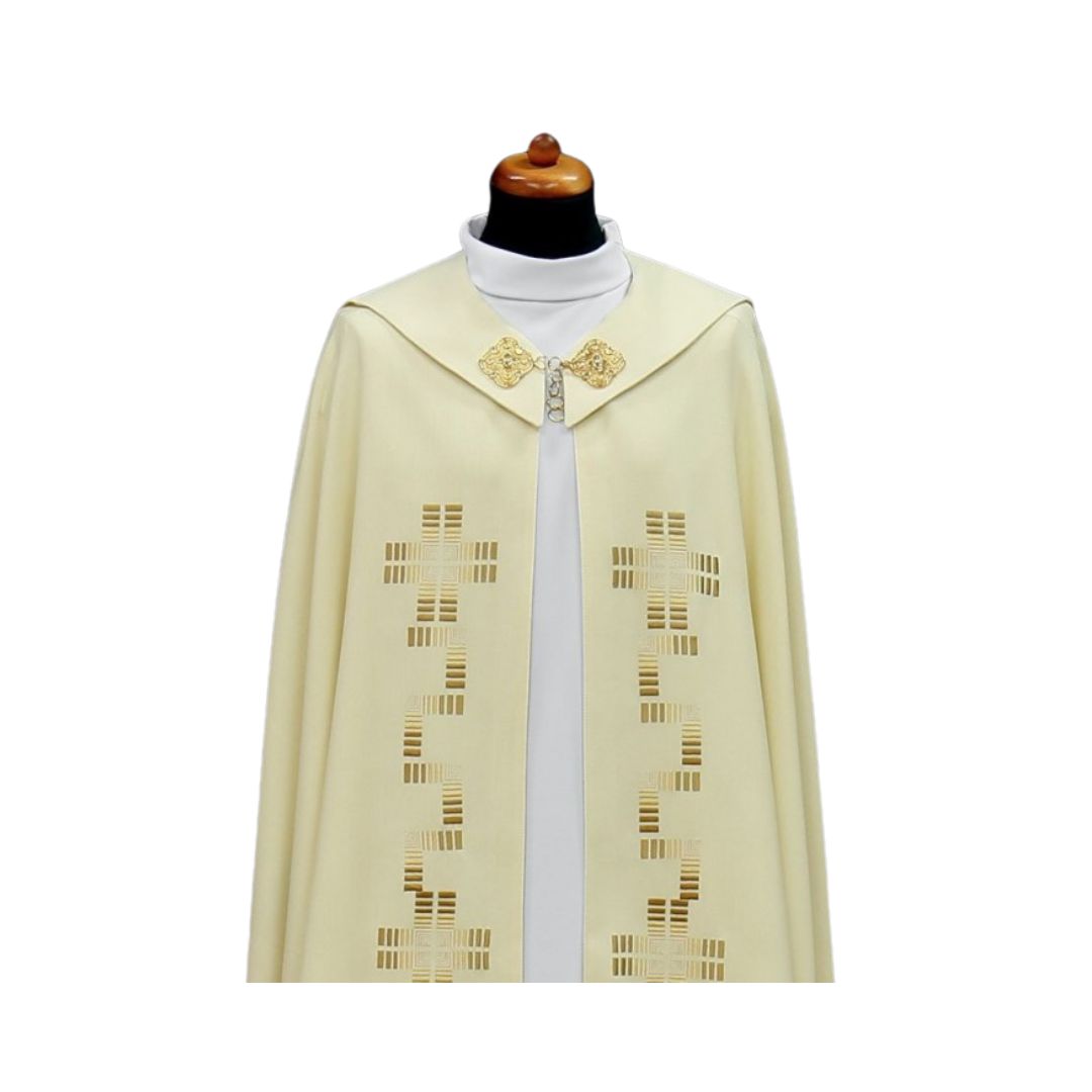 Modern Cope with embroidered crosses made in Poland and sold by The Clergy Store 