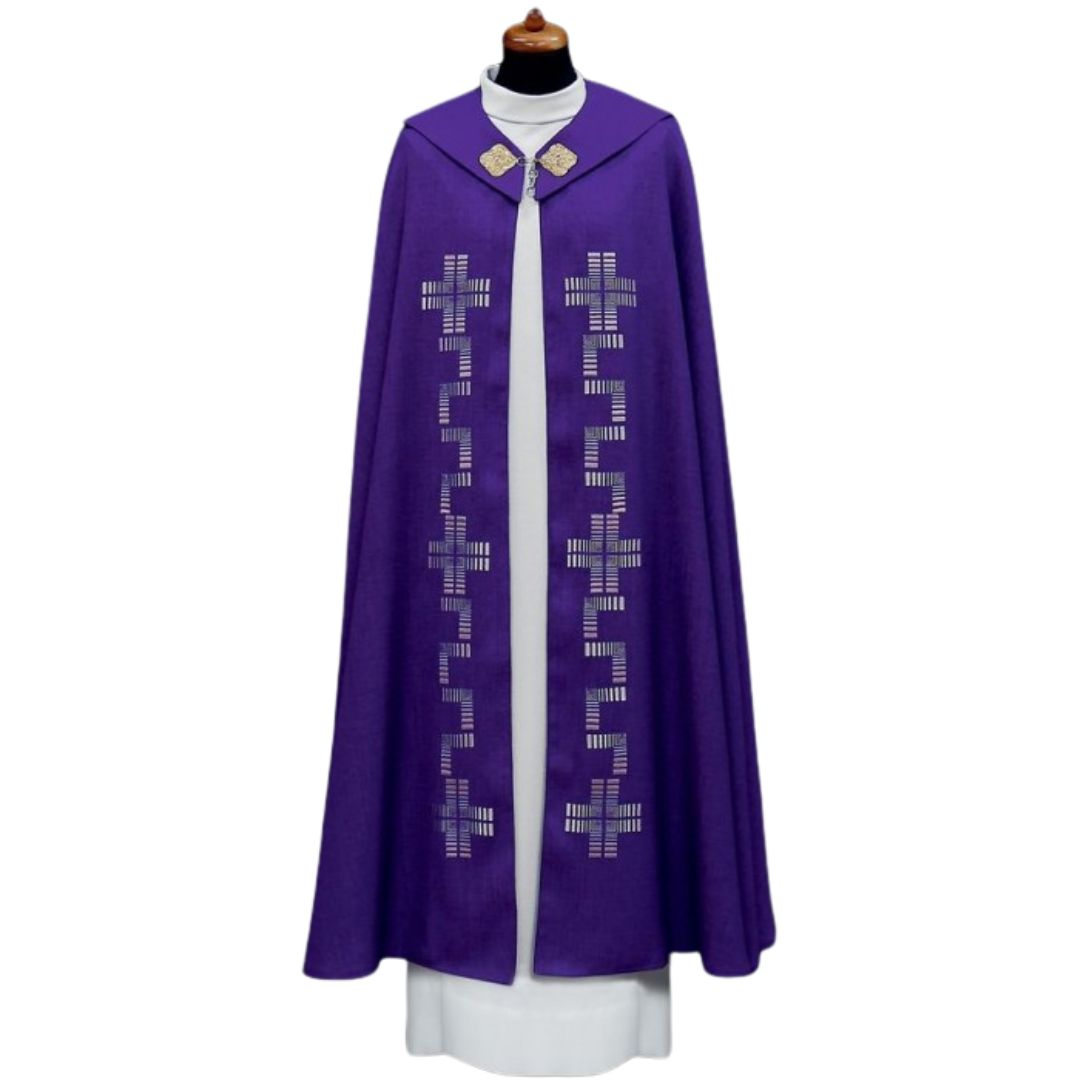 Modern Cope with embroidered crosses made in Poland and sold by The Clergy Store 