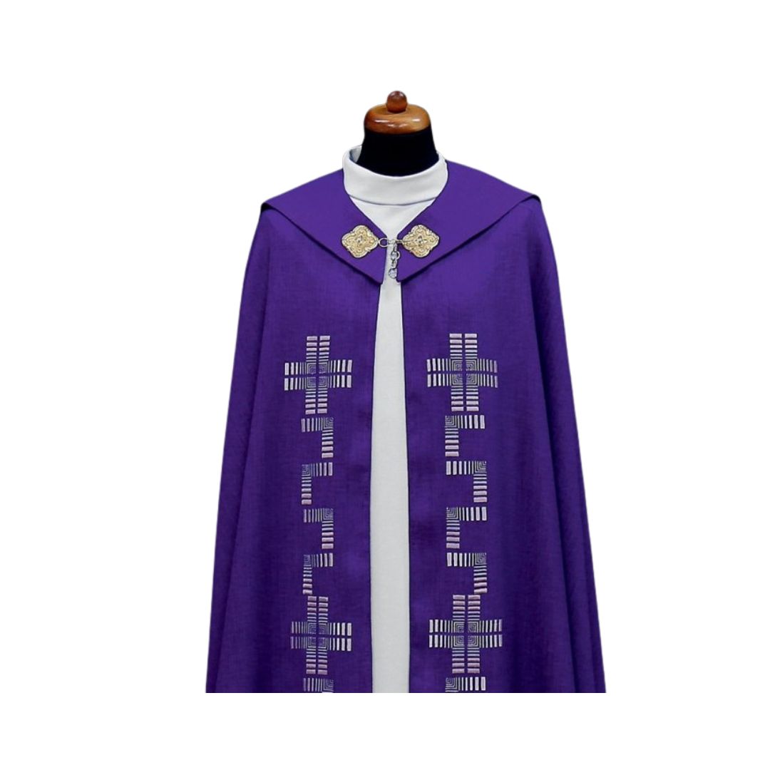 Modern Cope with embroidered crosses made in Poland and sold by The Clergy Store 