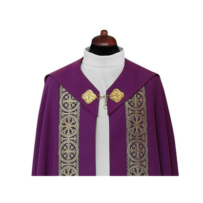 Cope with galloon bands and embroidered Chi Rho and Alpha Omega. Made in Poland and sold by The Clergy Store