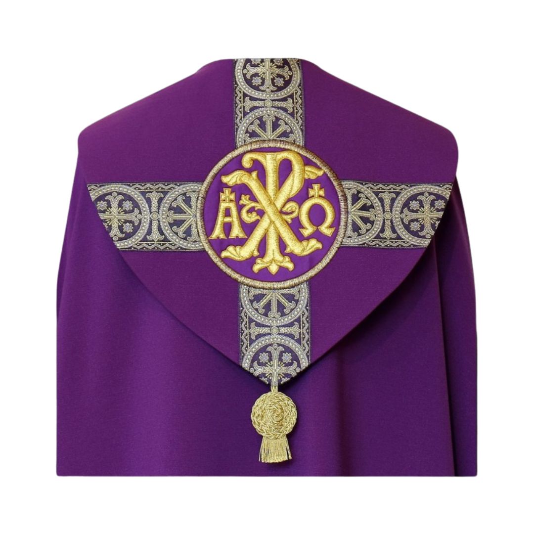 Cope with galloon bands and embroidered Chi Rho and Alpha Omega. Made in Poland and sold by The Clergy Store