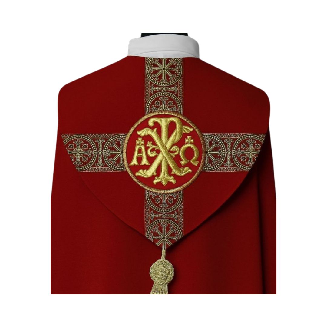 Cope with galloon bands and embroidered Chi Rho and Alpha Omega. Made in Poland and sold by The Clergy Store