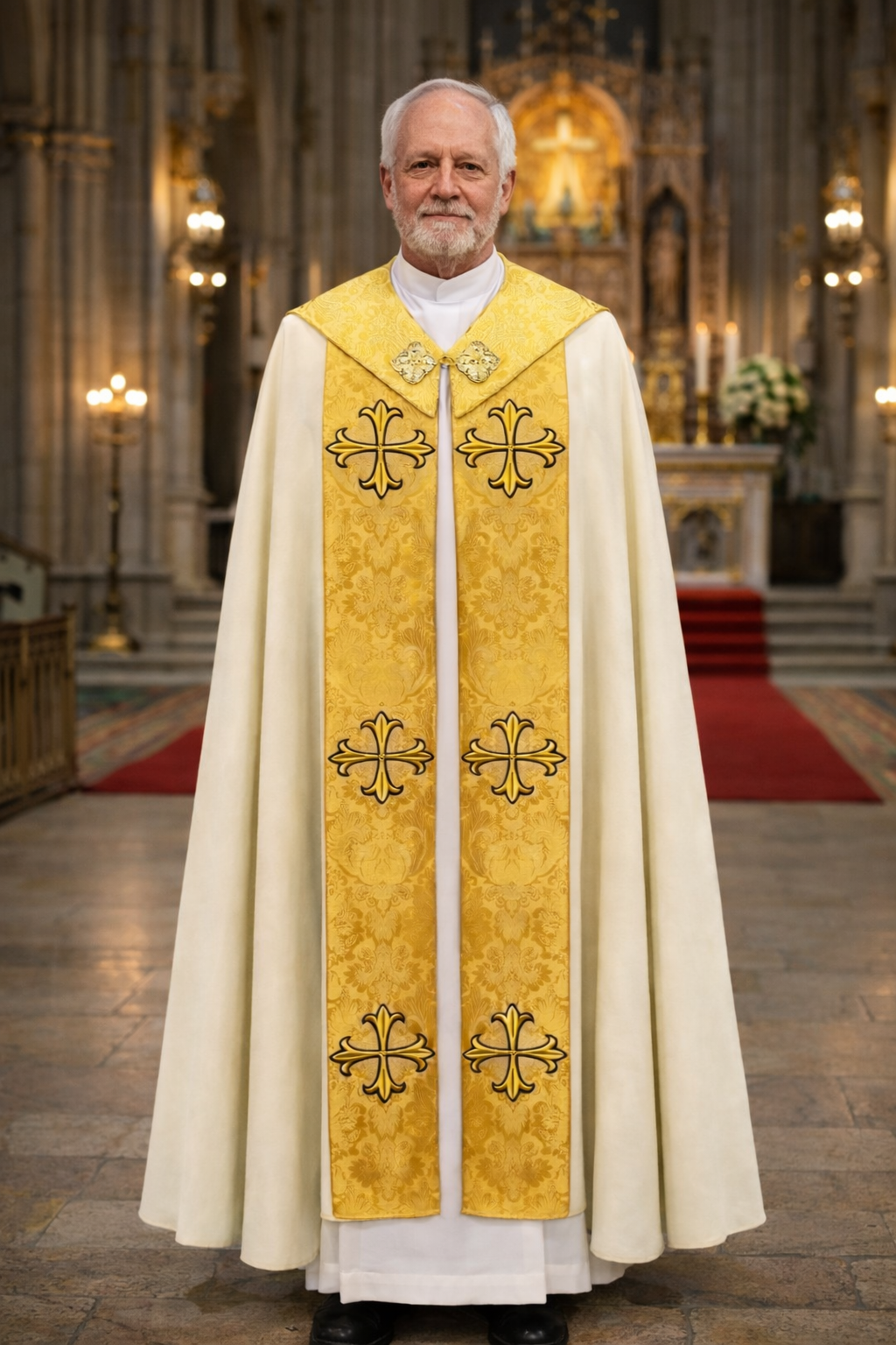 Liturgical brocade cope with crosses in ivory. Perfect for Easter, Benedictions, Processions and Corpus Christi events.