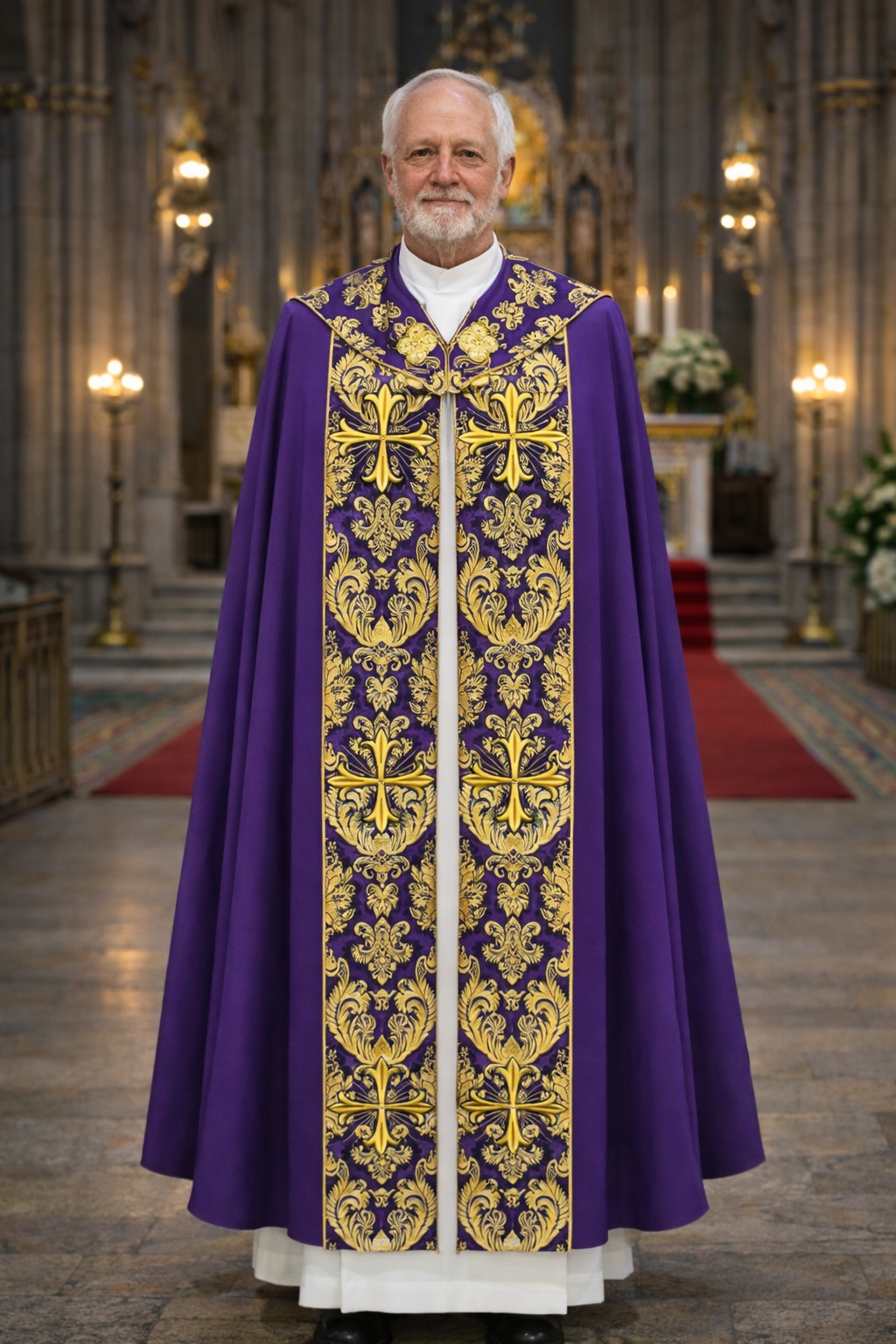 Liturgical brocade cope with crosses in ipurple. Perfect for Easter, Benedictions, Processions and Corpus Christi events.
