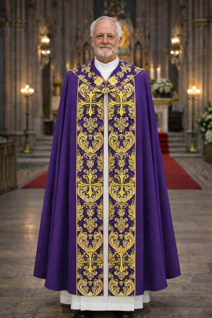Liturgical brocade cope with crosses in ipurple. Perfect for Easter, Benedictions, Processions and Corpus Christi events.