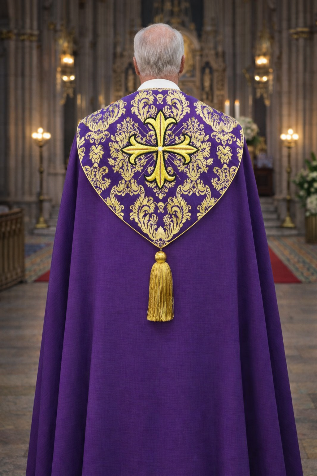 Liturgical brocade cope with crosses in purple. Perfect for Easter, Benedictions, Processions and Corpus Christi events.