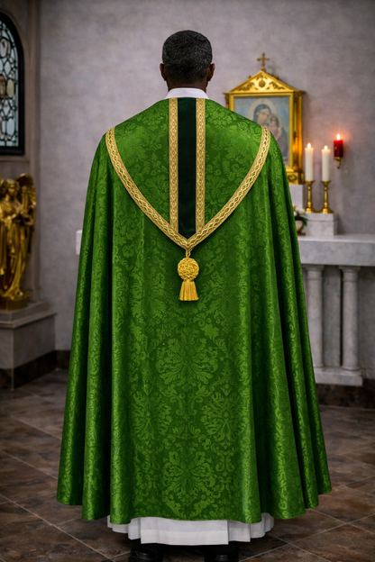 Liturgical damask green cope for benediction, corpus christ, and easter.  With cope clasp and tassel. Made in Poland