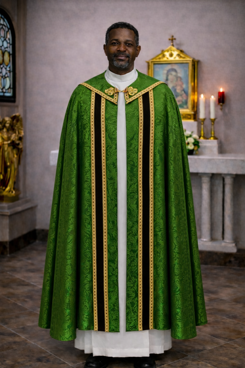 Liturgical damask green cope for benediction, corpus christ, and easter.  With cope clasp and tassel. Made in Poland