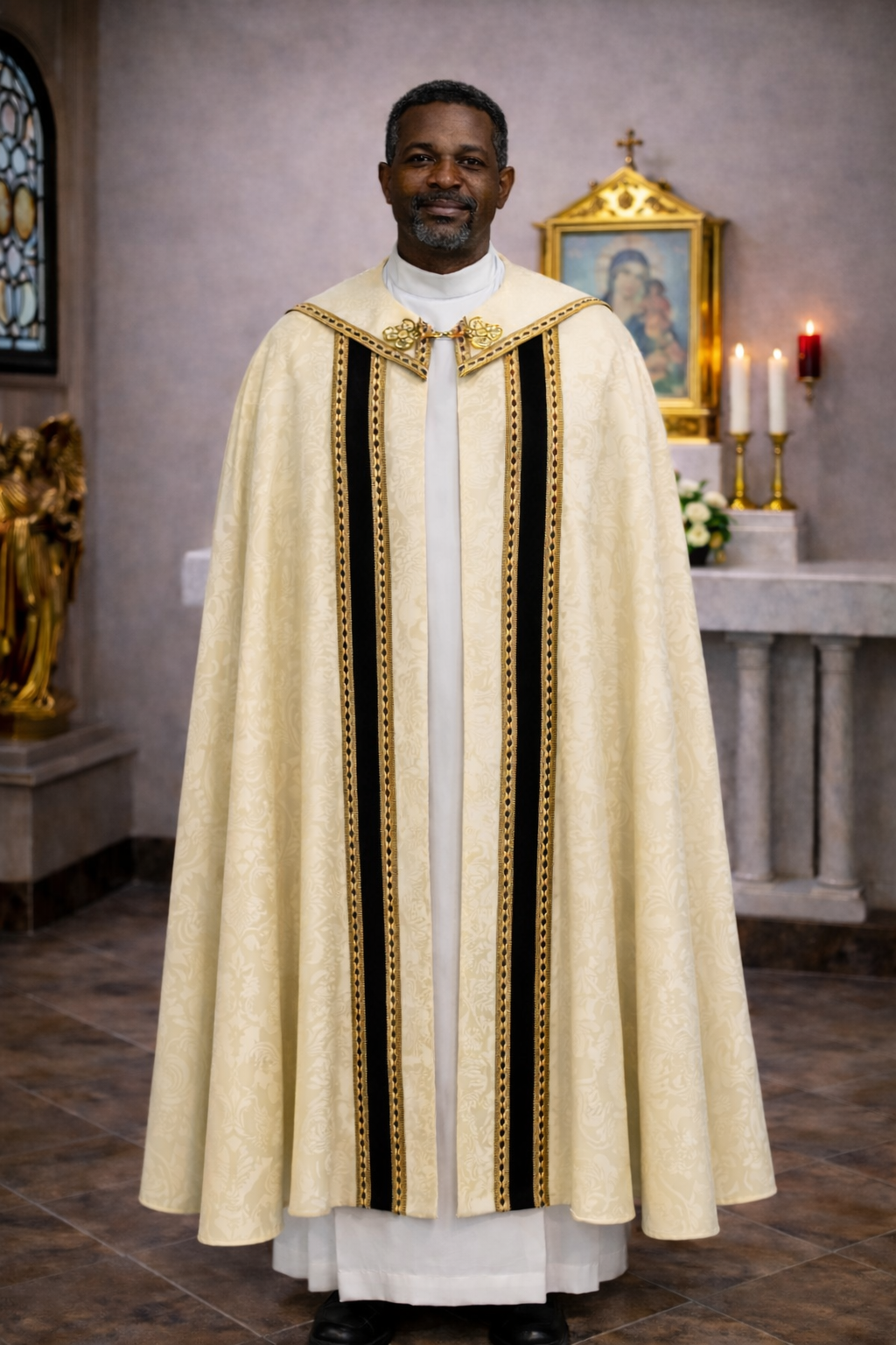 Liturgical damask ivory cope for benediction, corpus christ, and easter.  With cope clasp and tassel. Made in Poland