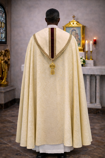 Liturgical damask ivory cope for benediction, corpus christ, and easter.  With cope clasp and tassel. Made in Poland