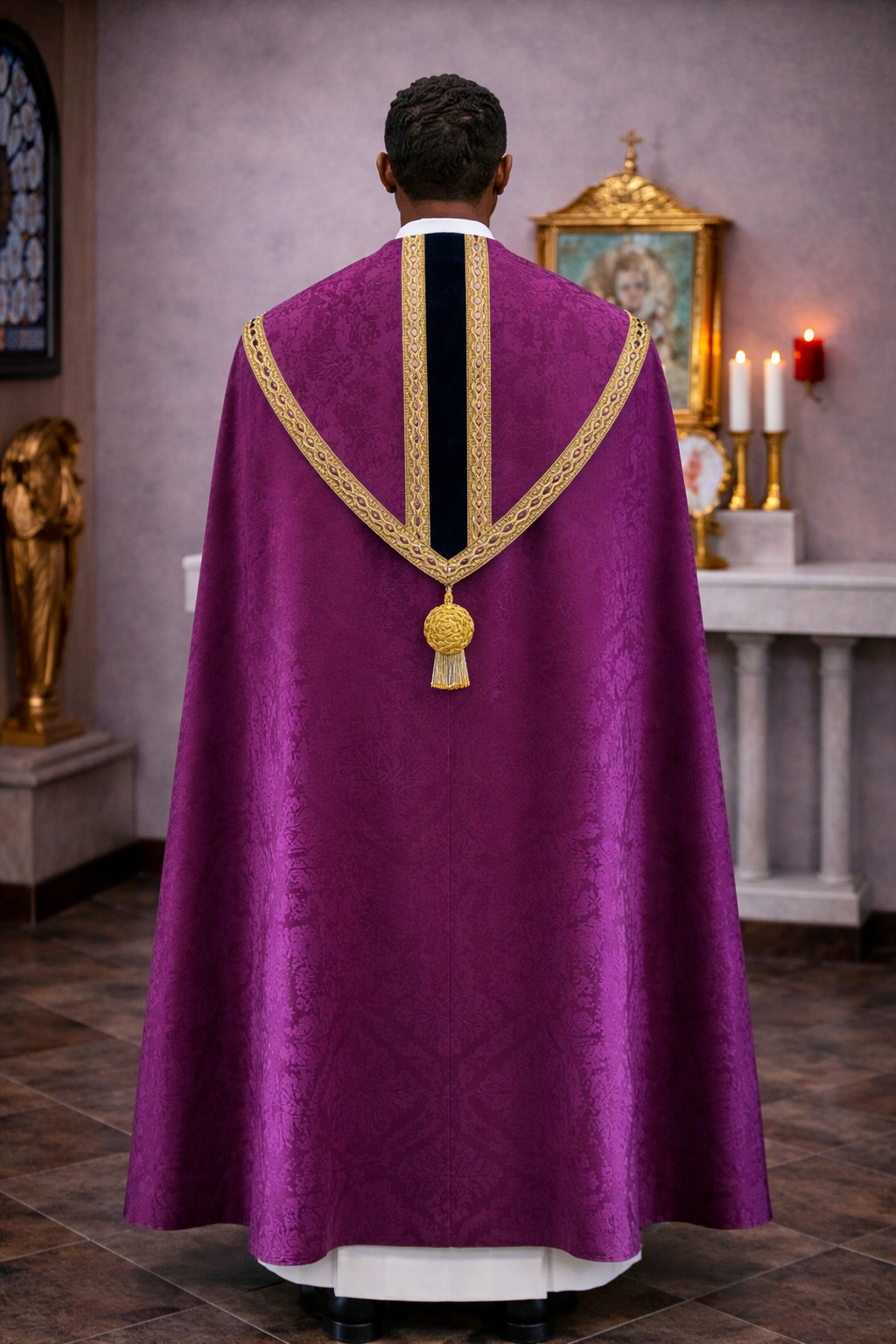 Liturgical damask purple cope for benediction, corpus christ, and easter.  With cope clasp and tassel. Made in Poland