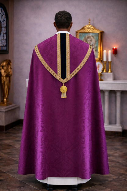 Liturgical damask purple cope for benediction, corpus christ, and easter.  With cope clasp and tassel. Made in Poland