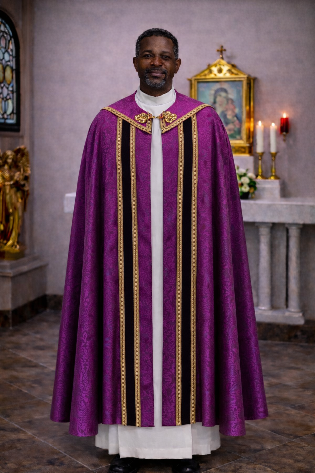 Liturgical damask purple cope for benediction, corpus christ, and easter.  With cope clasp and tassel. Made in Poland