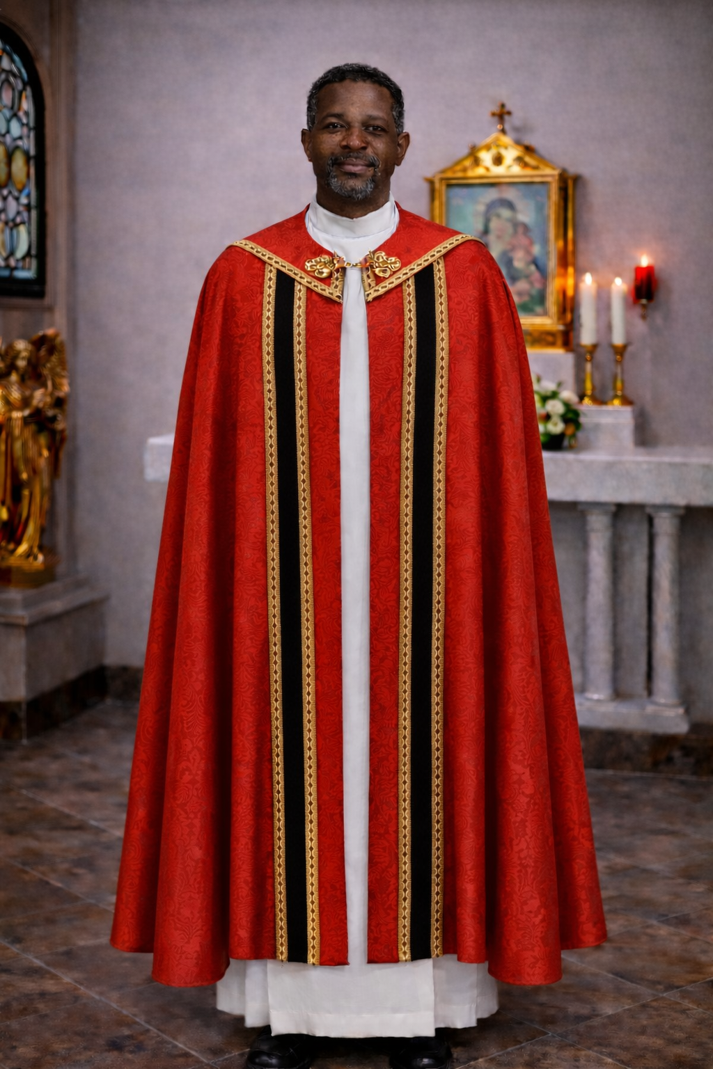 Liturgical damask red cope for benediction, corpus christ, and easter.  With cope clasp and tassel. Made in Poland