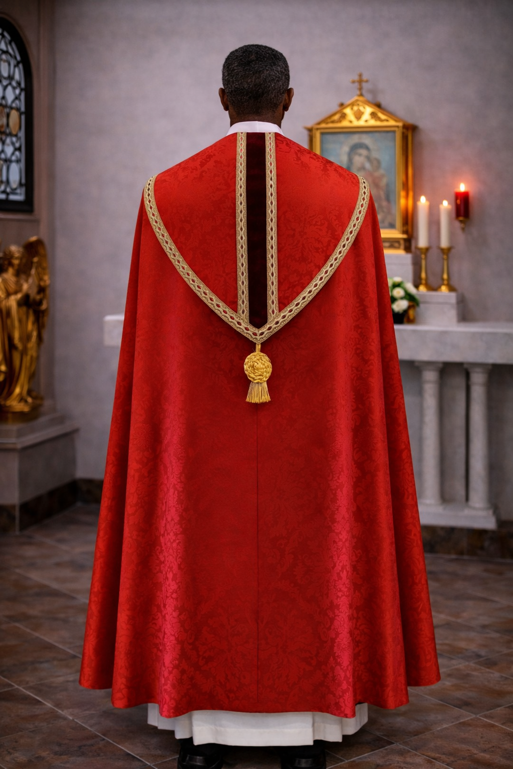 Liturgical damask red cope for benediction, corpus christ, and easter.  With cope clasp and tassel. Made in Poland