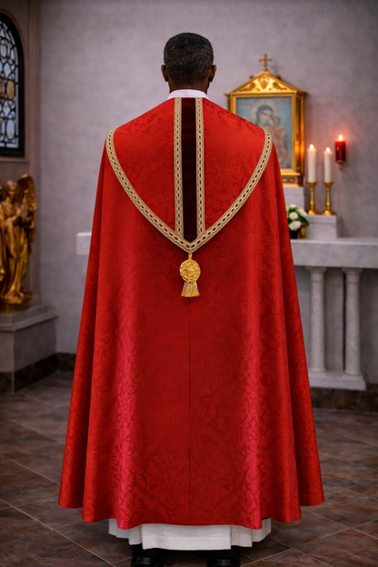 Liturgical damask red cope for benediction, corpus christ, and easter.  With cope clasp and tassel. Made in Poland