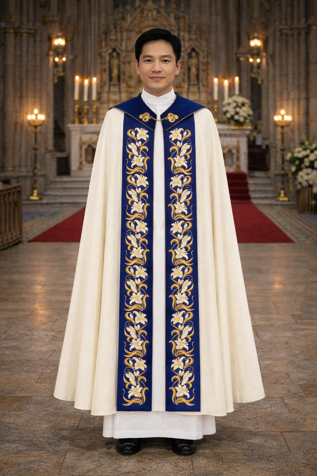 Liturgical Marian cope  with embroidered Lilly's on velvet and cope clasp.