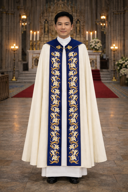 Liturgical Marian cope  with embroidered Lilly's on velvet and cope clasp.