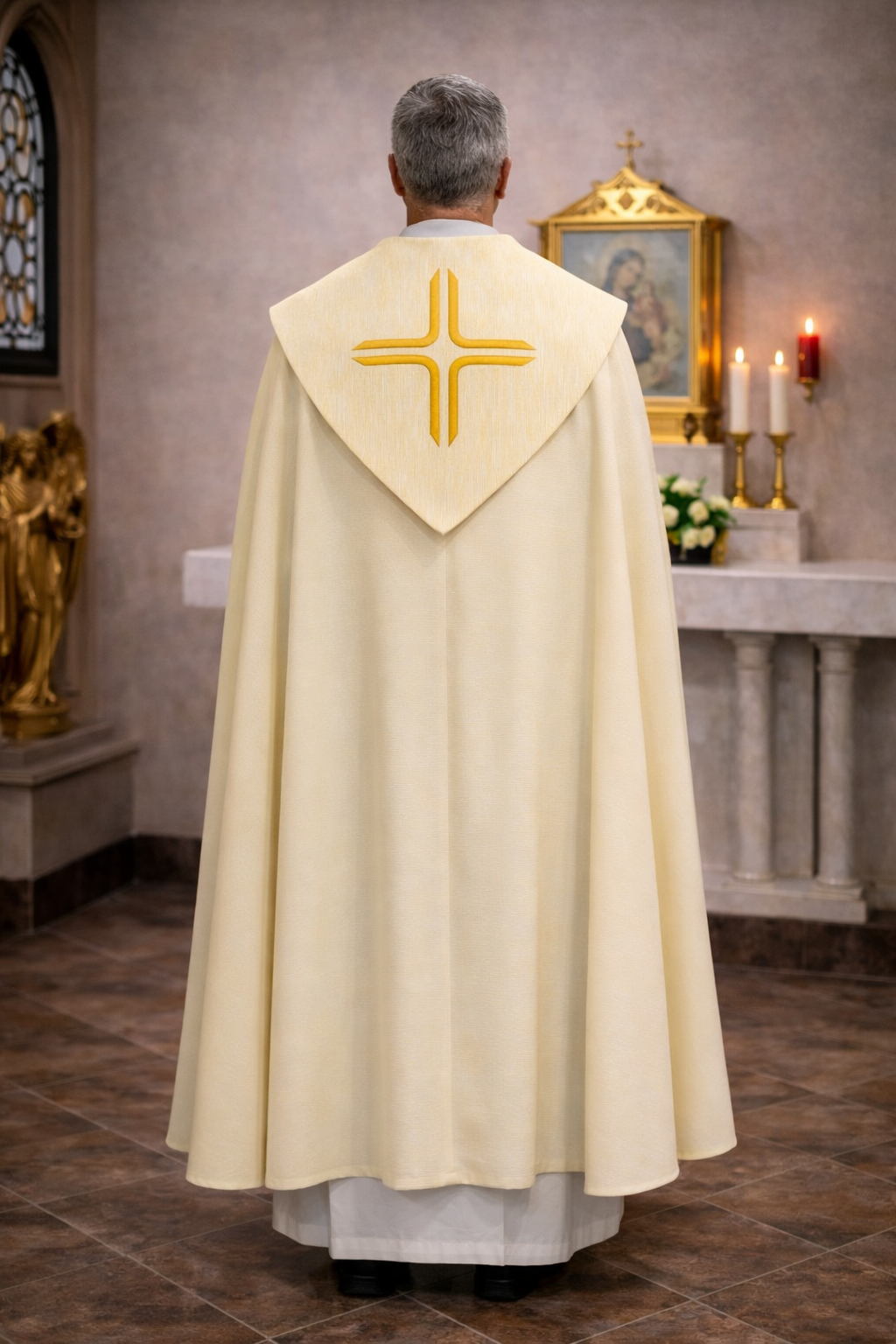 Liturgical ivory cope for benediction of the blessed sacrament, processions, and corpus christi.