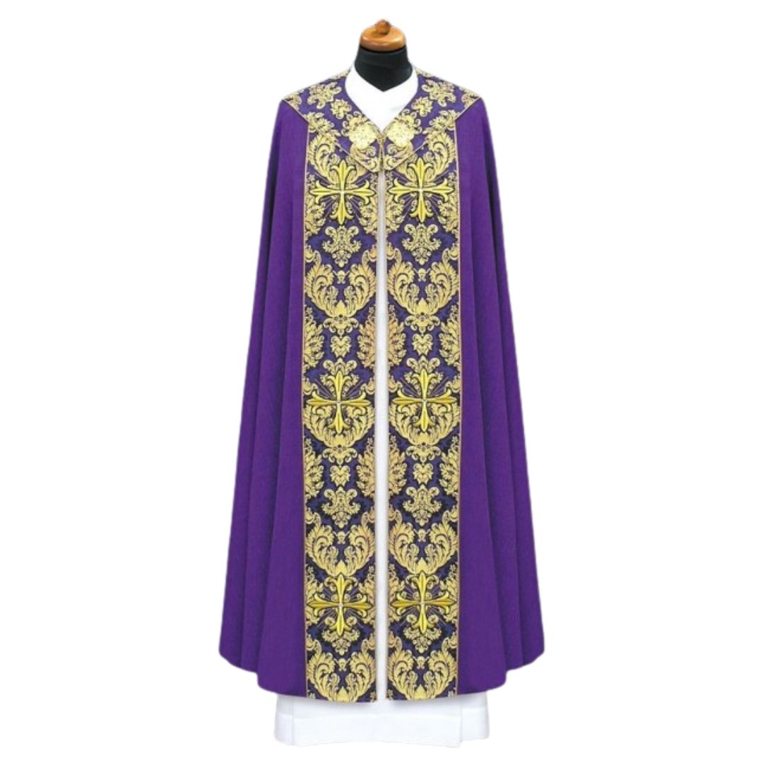 Cope with gold brocade and embroidered crosses made in Poland and sold by The Clergy Store