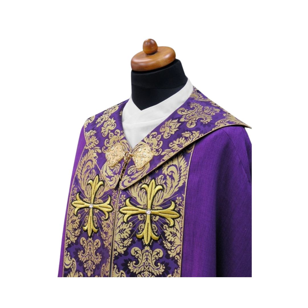 Cope with gold brocade and embroidered crosses made in Poland and sold by The Clergy Store