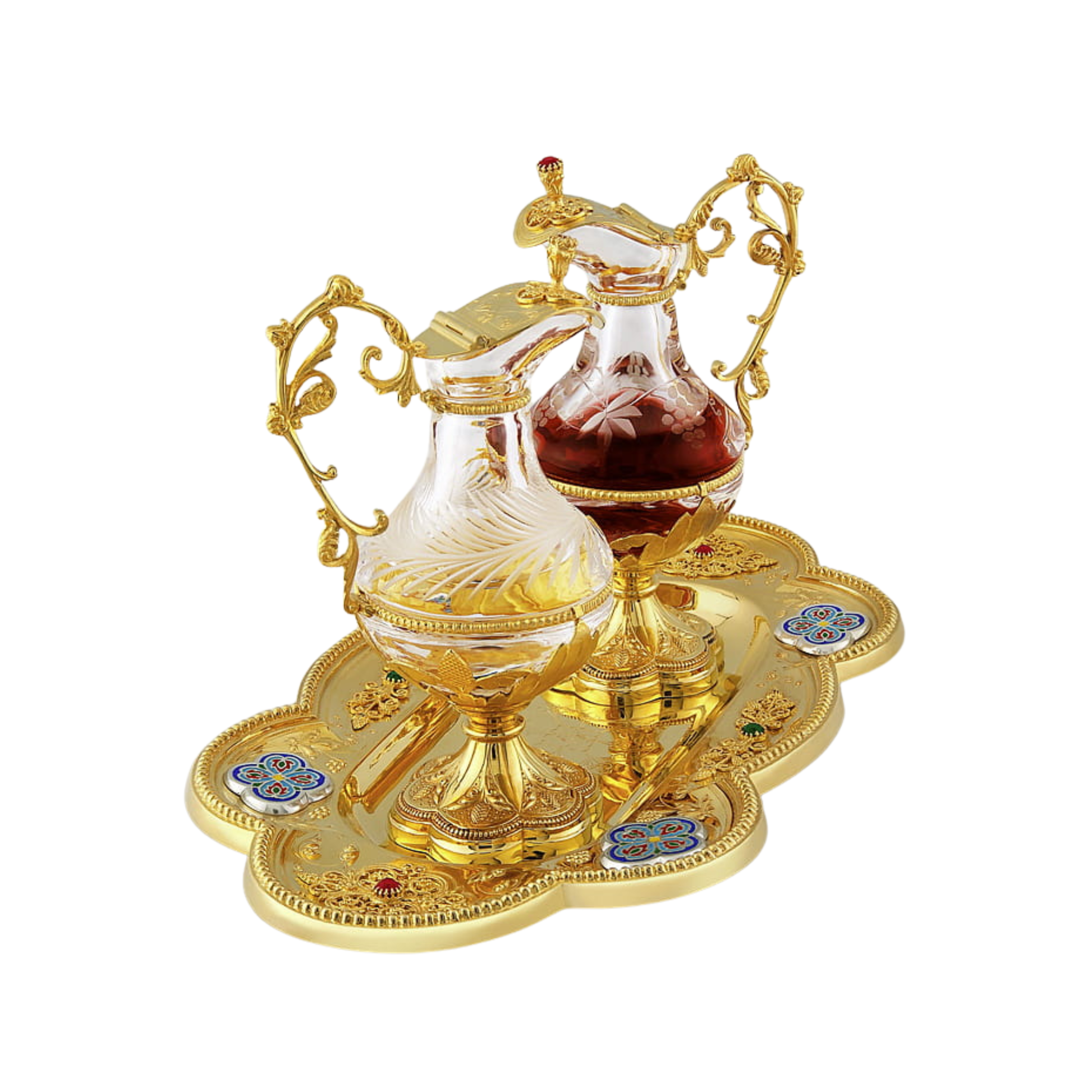 Sacred Vessel Cruet Sets Glass Crystal Wine & Water, Brass Gold Plated With Enamel Elements. 