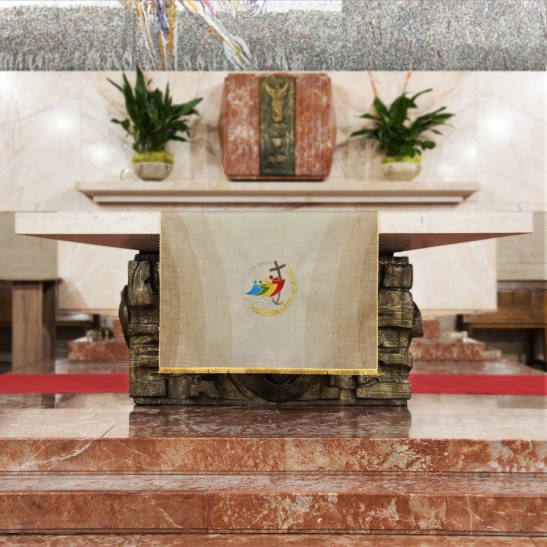 Altar Frontal with the official logo of the Jubilee 2025. Made in Italy and sold by The Clergy Store