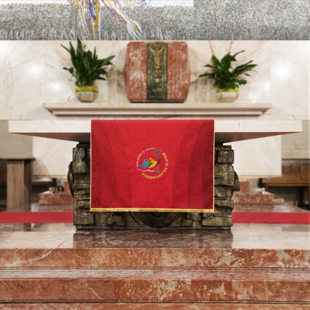 Altar Frontal with the official logo of the Jubilee 2025. Made in Italy and sold by The Clergy Store