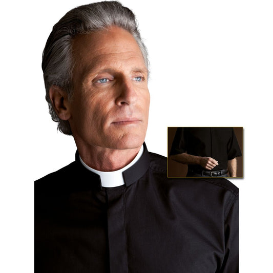 Roman style clergy shirt style 187 short sleeve in black made in Italy by Desta and sold by The Clergy Store 