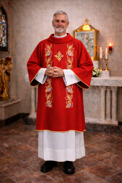 Deacon dalmatic with grapes and vines  in red for good Friday or Pentecost. Made in Italy