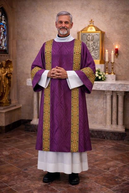 Deacon dalmatic in purple damask with gold brocade bands. Made in Poland