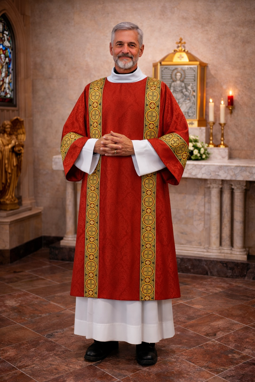 Deacon dalmatic in red damask with gold brocade bands. Made in Poland
