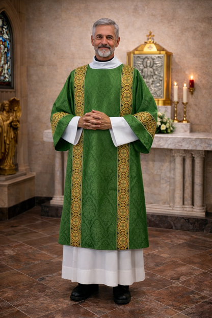 Deacon dalmatic in green damask with gold brocade bands. Made in Poland