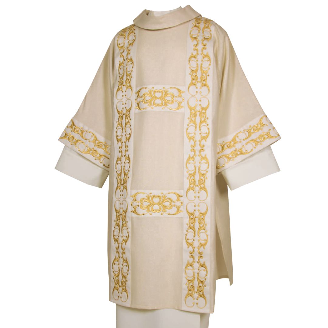 Deacon Dalmatic with gold brocade banding Made in Italy and sold by The Clergy Store