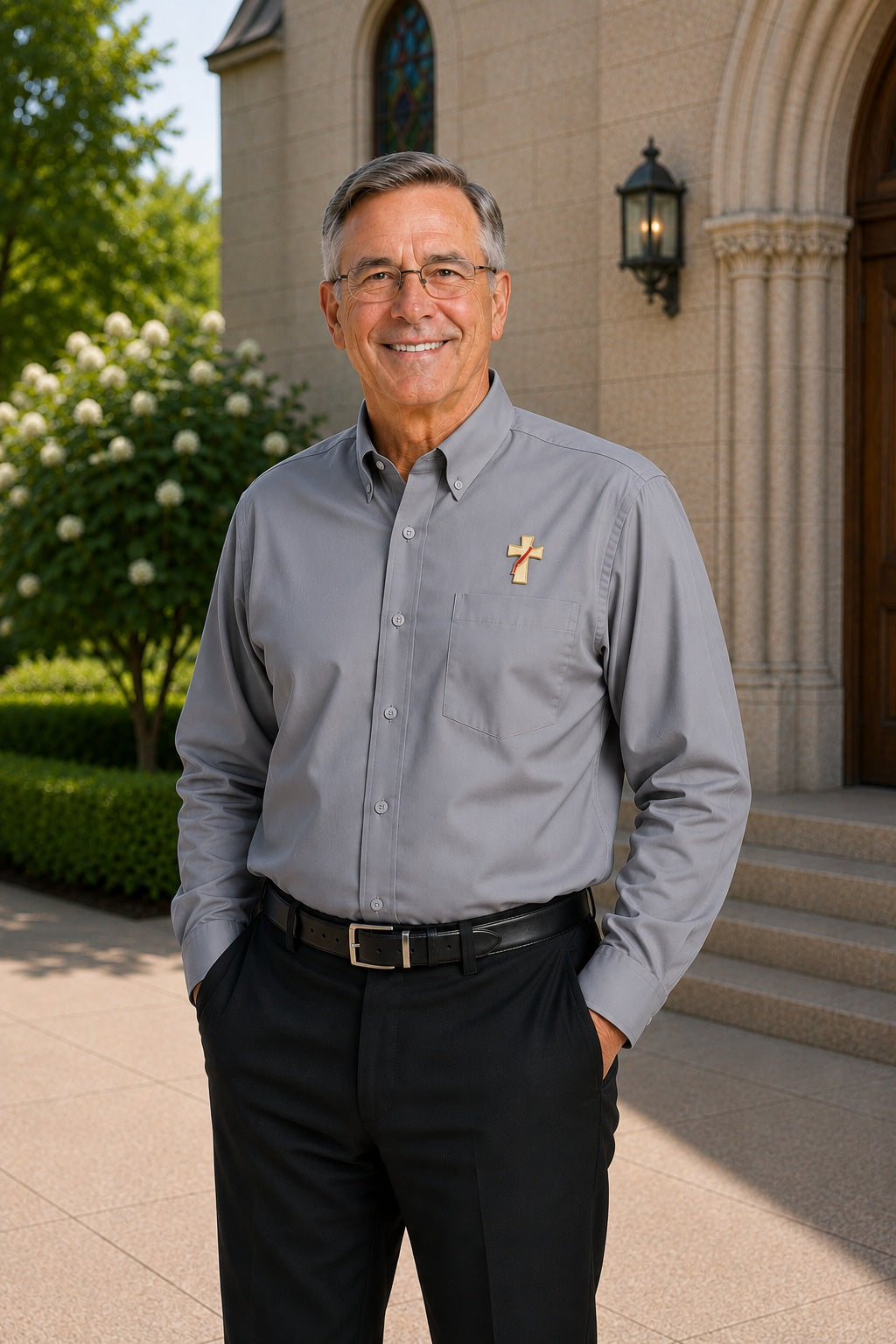 Deacon wearing a long sleeve grey shirt with an embroidered symbol of a deacons cross on his left chest.