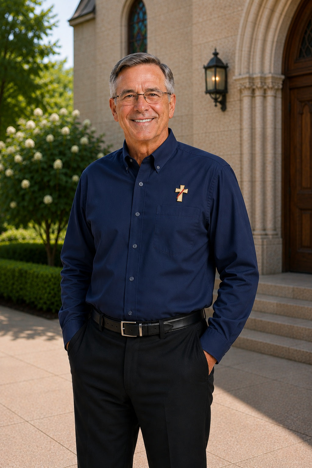 Deacon wearing a long sleeve navy shirt with an embroidered symbol of a deacons cross on his left chest.